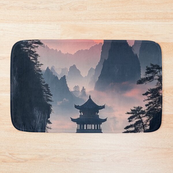 Item preview, Traditional Japanese Pagoda Misty Mountain Crimson Red Sun Landscape designed and sold by LYAN-STORE.