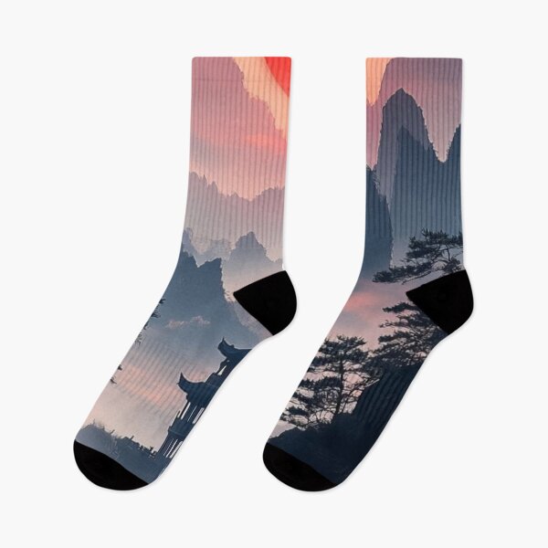 Item preview, Traditional Japanese Pagoda Misty Mountain Crimson Red Sun Landscape designed and sold by LYAN-STORE.