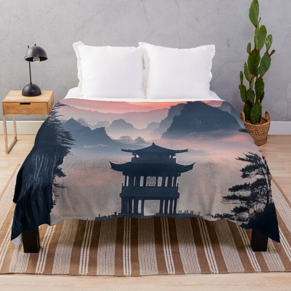 Item preview, Traditional Japanese Pagoda Misty Mountain Crimson Red Sun Landscape designed and sold by LYAN-STORE.