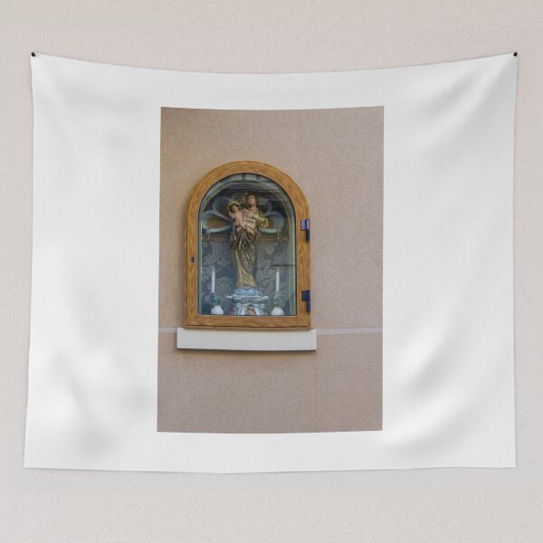 Item preview, Madonna And Child Shrine In Wooden Glass Niche On Exterior Wall Religious Statue designed and sold by Nmallia.