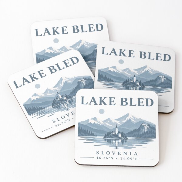 Aperçu de l'œuvre Autocollant de voyage minimaliste Lac de Bled Slovénie – Coordonnées du lac alpin créée et vendue par ChicClicker.