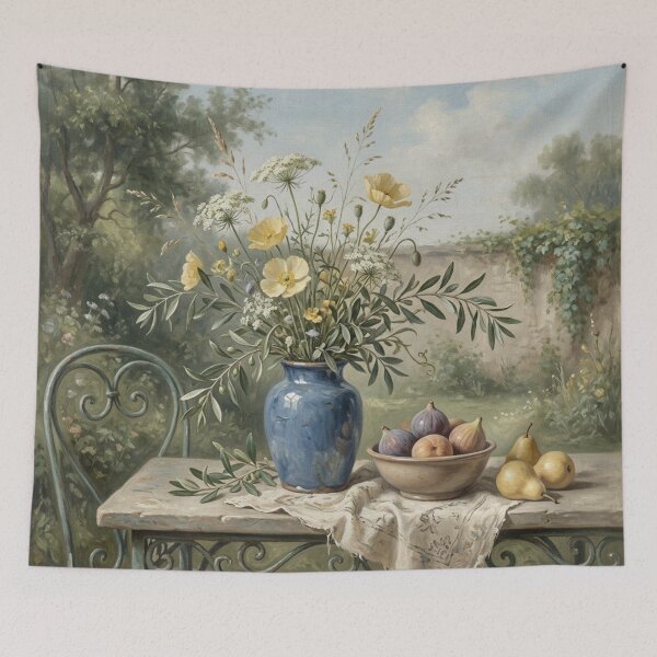 Item preview, Vintage European Garden Still Life Wall Art | Rustic Floral Vase & Fruit Painting designed and sold by Denim Art Studio.