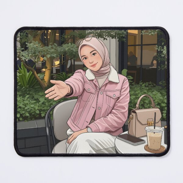 Item preview, Pink Hijab Girl Enjoying Coffee in a Cozy Botanical Café illustration designed and sold by sabartgunpla.
