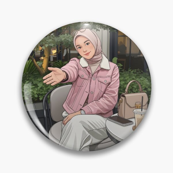 Artikelvorschau, Illustration eines Mädchens mit rosa Hijab, das in einem gemütlichen botanischen Café Kaffee genießt entworfen und verkauft von sabartgunpla.