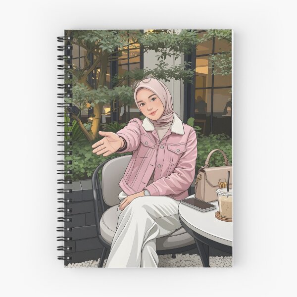 Item preview, Pink Hijab Girl Enjoying Coffee in a Cozy Botanical Café illustration designed and sold by sabartgunpla.