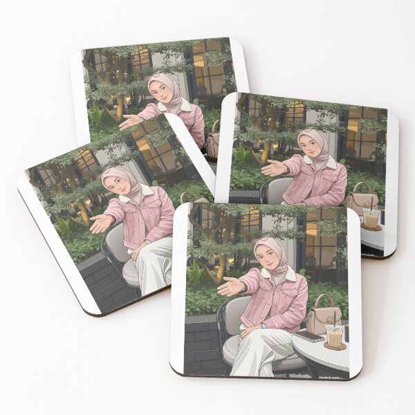 Item preview, Pink Hijab Girl Enjoying Coffee in a Cozy Botanical Café illustration designed and sold by sabartgunpla.