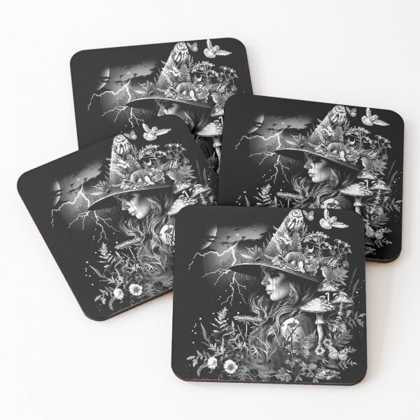 Item preview, Forest Witch with Mushrooms Owl and Lightning Black and White Gothic Fantasy Art designed and sold by inkoutninja.