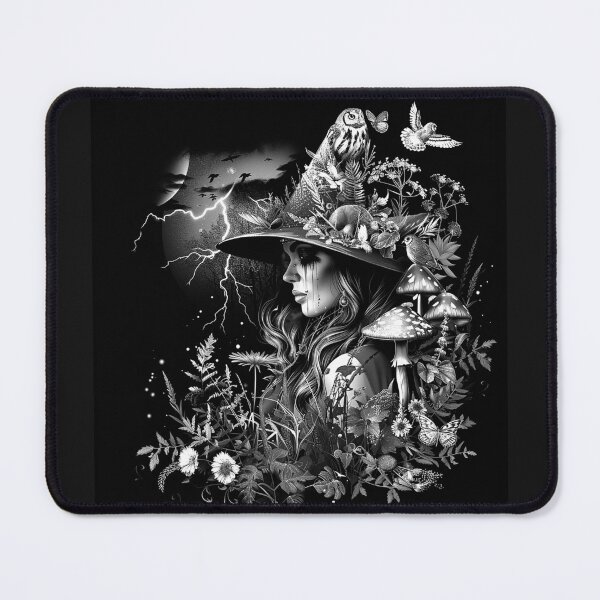 Item preview, Forest Witch with Mushrooms Owl and Lightning Black and White Gothic Fantasy Art designed and sold by inkoutninja.