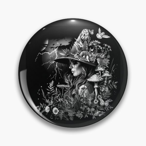 Item preview, Forest Witch with Mushrooms Owl and Lightning Black and White Gothic Fantasy Art designed and sold by inkoutninja.