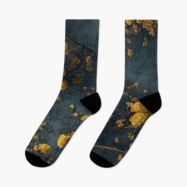 Item preview, Yellow Roses Branches Vintage Dark Blue Floral Chinoiserie Art designed and sold by LYAN-STORE.