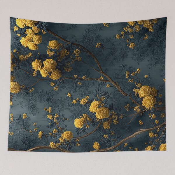 Item preview, Yellow Roses Branches Vintage Dark Blue Floral Chinoiserie Art designed and sold by LYAN-STORE.