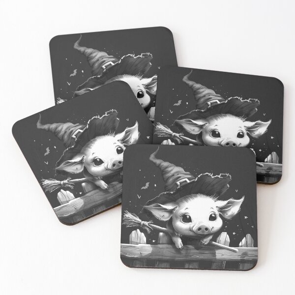 Item preview, Cute Witch Pig with Broom Black and White Halloween Farm Art designed and sold by inkoutninja.