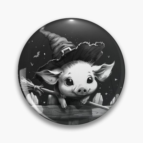 Item preview, Cute Witch Pig with Broom Black and White Halloween Farm Art designed and sold by inkoutninja.
