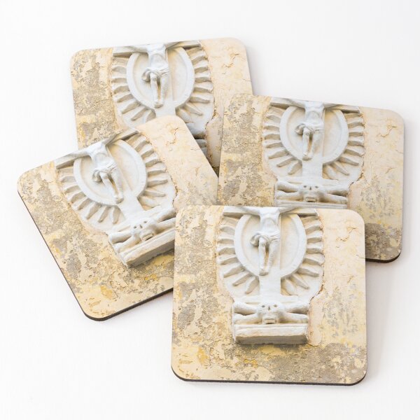 Item preview, White Crucifix Relief With Skull Sculpture On Weathered Yellow Wall Symbolizing Faith And Mortality designed and sold by Nmallia.