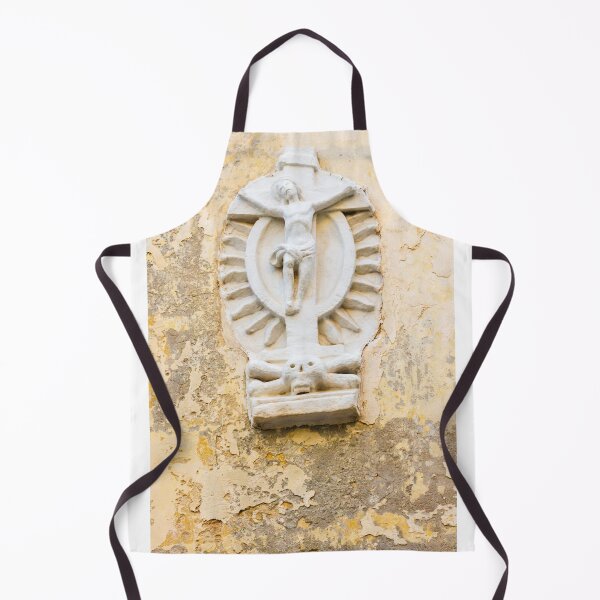 Item preview, White Crucifix Relief With Skull Sculpture On Weathered Yellow Wall Symbolizing Faith And Mortality designed and sold by Nmallia.