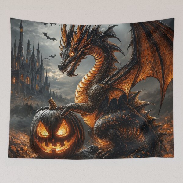 Item preview, Halloween Black Dragon with Pumpkin – Gothic Castle Fantasy designed and sold by DrakariArt.