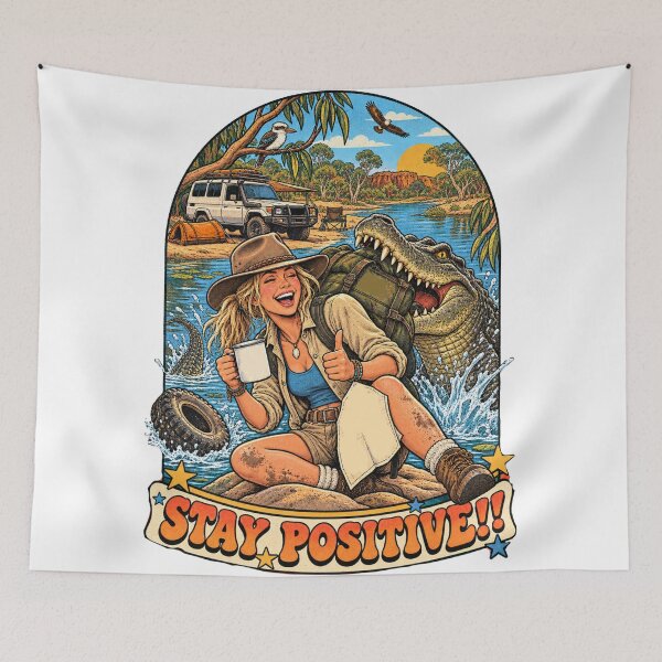 Item preview, STAY POSITIVE! Funny Outback 4x4 Camping Crocodile Adventure Retro 70s Australia designed and sold by Yellowriversss.