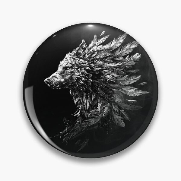 Item preview, Mystical Wolf with Feathered Mane Black and White Fantasy Wildlife Art Design designed and sold by inkoutninja.