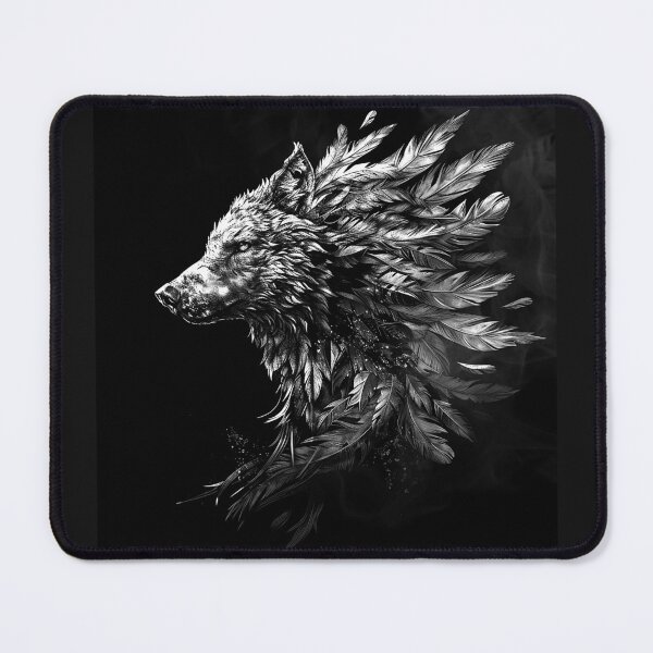 Item preview, Mystical Wolf with Feathered Mane Black and White Fantasy Wildlife Art Design designed and sold by inkoutninja.