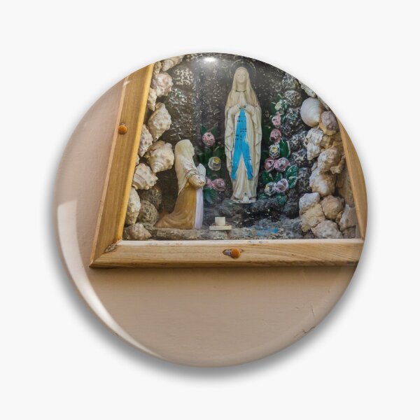 Item preview, Virgin Mary Shrine In Wall Grotto With Statue And Rosary On Pastel Stucco Facade designed and sold by Nmallia.