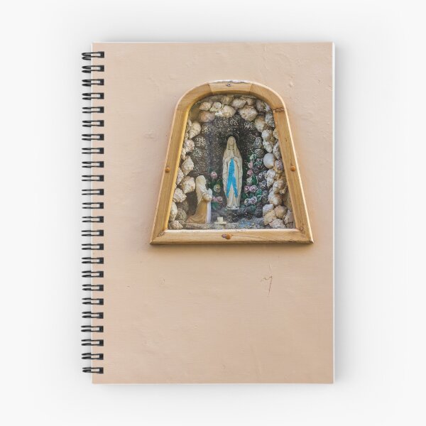 Item preview, Virgin Mary Shrine In Wall Grotto With Statue And Rosary On Pastel Stucco Facade designed and sold by Nmallia.