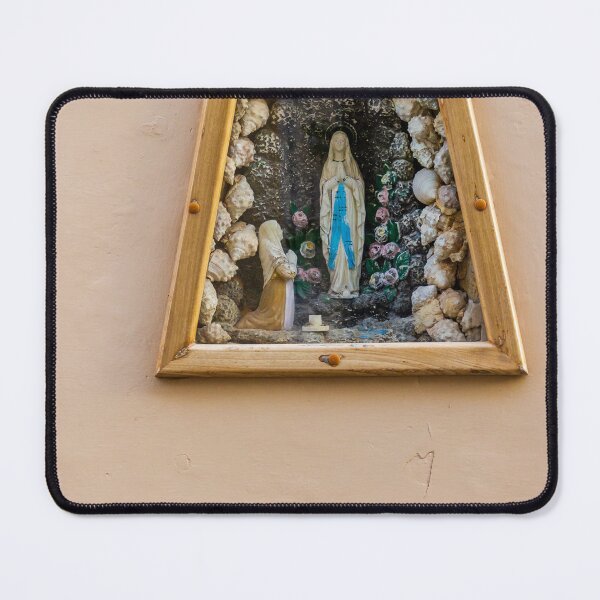Item preview, Virgin Mary Shrine In Wall Grotto With Statue And Rosary On Pastel Stucco Facade designed and sold by Nmallia.