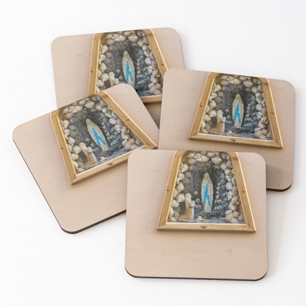 Item preview, Virgin Mary Shrine In Wall Grotto With Statue And Rosary On Pastel Stucco Facade designed and sold by Nmallia.