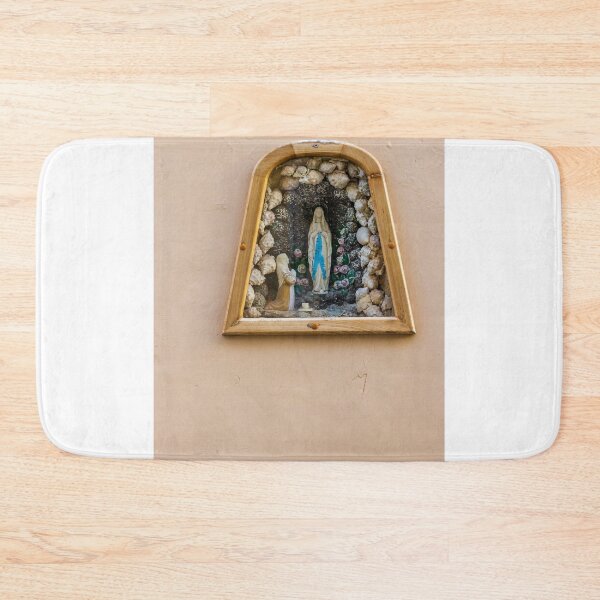 Item preview, Virgin Mary Shrine In Wall Grotto With Statue And Rosary On Pastel Stucco Facade designed and sold by Nmallia.