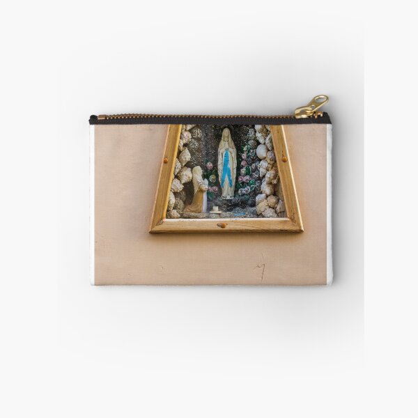 Item preview, Virgin Mary Shrine In Wall Grotto With Statue And Rosary On Pastel Stucco Facade designed and sold by Nmallia.
