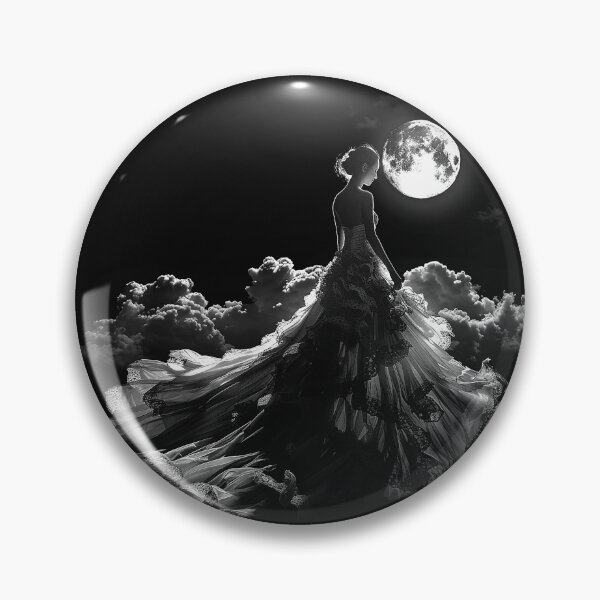 Item preview, Moonlit Woman in Flowing Gothic Gown Black and White Celestial Fantasy Art  designed and sold by inkoutninja.
