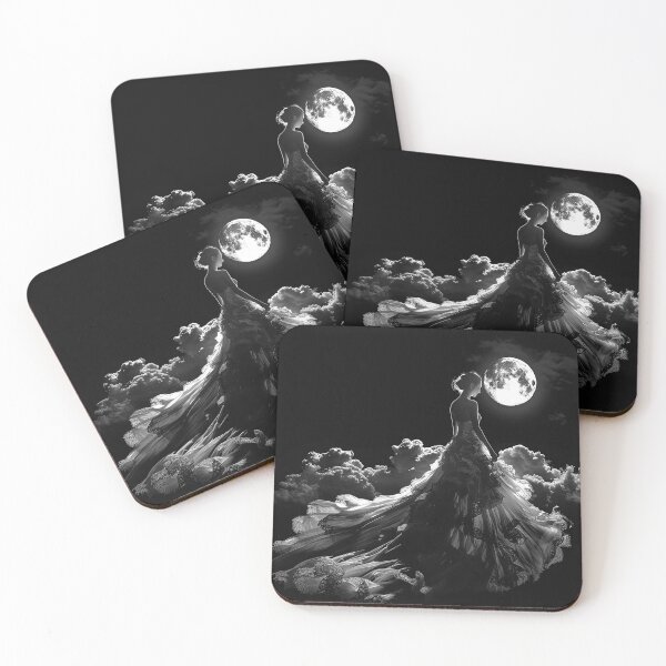 Item preview, Moonlit Woman in Flowing Gothic Gown Black and White Celestial Fantasy Art  designed and sold by inkoutninja.