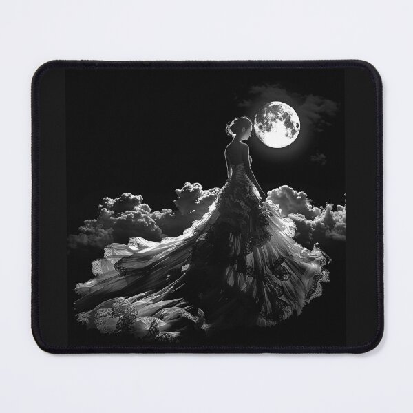 Item preview, Moonlit Woman in Flowing Gothic Gown Black and White Celestial Fantasy Art  designed and sold by inkoutninja.