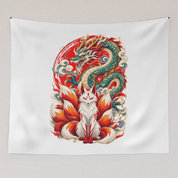 Item preview, Japanese Dragon & Nine-Tailed Kitsune – Mythical Guardian designed and sold by Suzaku Studio.