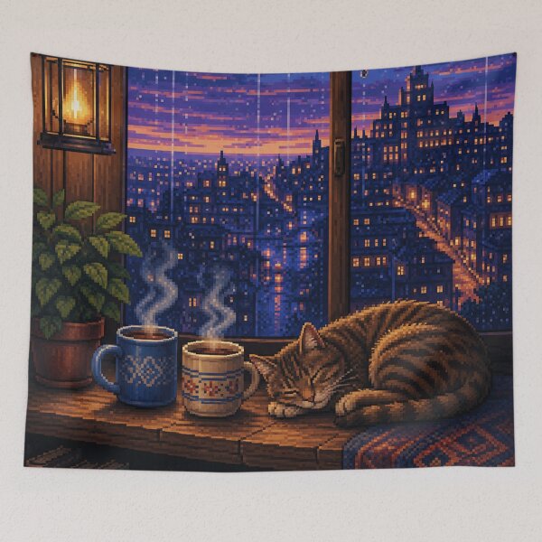Aperçu de l'œuvre Pixel art d'un café cosy : comptoir sous la pluie créée et vendue par bapupa.