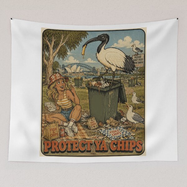 Item preview, PROTECT YA CHIPS Funny Bin Chicken Sydney Fish and Chips Seagull Retro Vintage designed and sold by Yellowriversss.