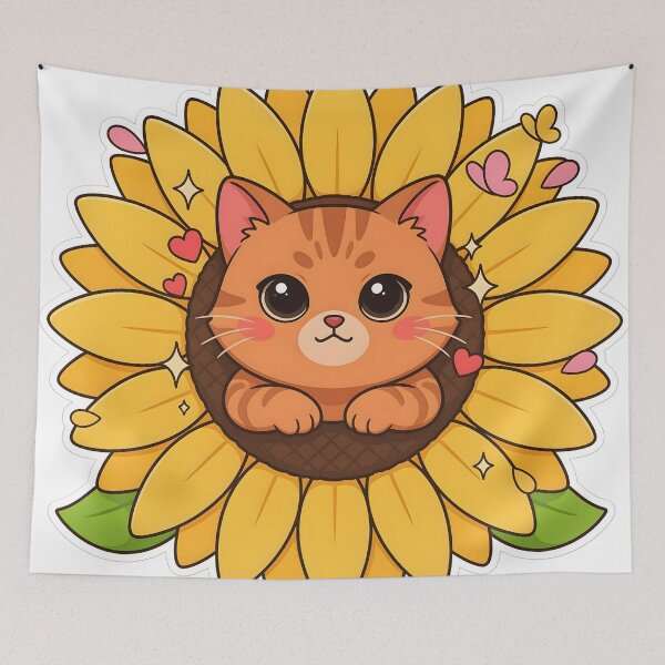 Item preview, Cute Kawaii Cat in Sunflower Blossom Sticker designed and sold by ChibiPCStudio.