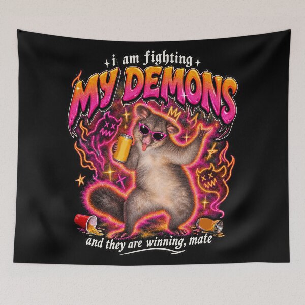 Item preview, I Am Fighting My Demons And They Are Winning Funny Possum Party Neon Retro Australia designed and sold by Yellowriversss.