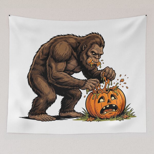 Item preview, Sasquatch Eating the Guts of a Cute Halloween Jack O Lantern designed and sold by Spank My Yeti.