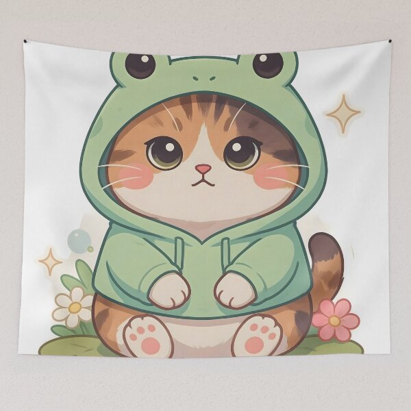 Item preview, Cute Kawaii Cat in Frog Hoodie Costume Sticker designed and sold by ChibiPCStudio.