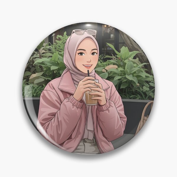 Artikelvorschau, Illustration eines Mädchens mit rosa Hijab, das in einem gemütlichen botanischen Café Kaffee genießt – Vektorkunst, die eine friedliche und zeitlose Ästhetik schafft. entworfen und verkauft von sabartgunpla.