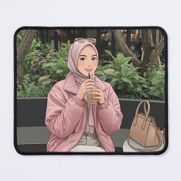 Item preview, Pink Hijab Girl Enjoying Coffee in a Cozy Botanical Café illustration vector art human art creating a peaceful and timeless aesthetic. designed and sold by sabartgunpla.