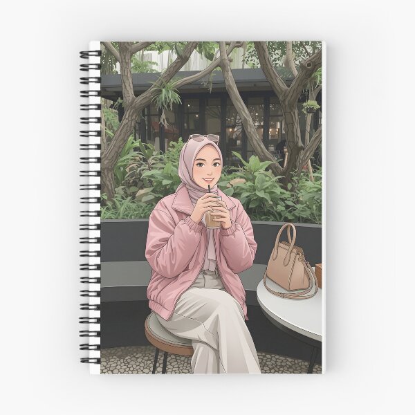 Item preview, Pink Hijab Girl Enjoying Coffee in a Cozy Botanical Café illustration vector art human art creating a peaceful and timeless aesthetic.  designed and sold by sabartgunpla.
