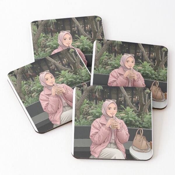 Item preview, Pink Hijab Girl Enjoying Coffee in a Cozy Botanical Café illustration vector art human art creating a peaceful and timeless aesthetic.  designed and sold by sabartgunpla.