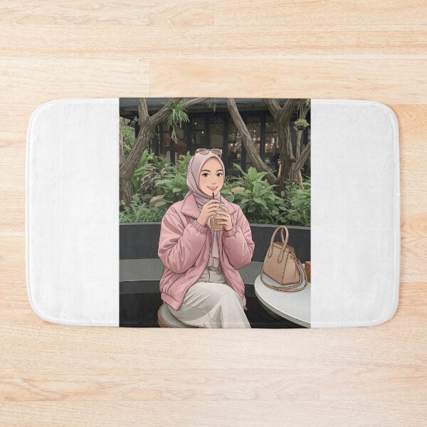 Item preview, Pink Hijab Girl Enjoying Coffee in a Cozy Botanical Café illustration vector art human art creating a peaceful and timeless aesthetic.  designed and sold by sabartgunpla.