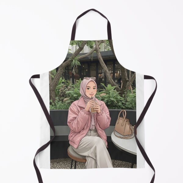 Item preview, Pink Hijab Girl Enjoying Coffee in a Cozy Botanical Café illustration vector art human art creating a peaceful and timeless aesthetic. designed and sold by sabartgunpla.