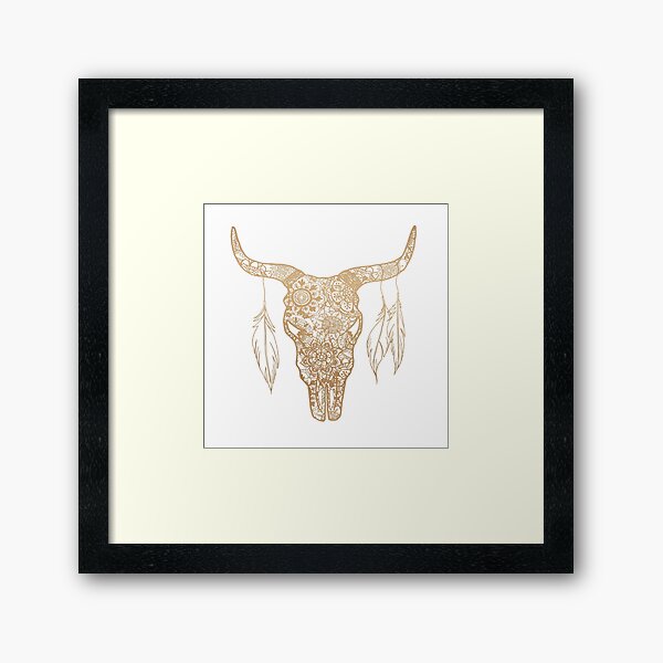Gold Bull Skull Mandala Pattern Framed Art Print