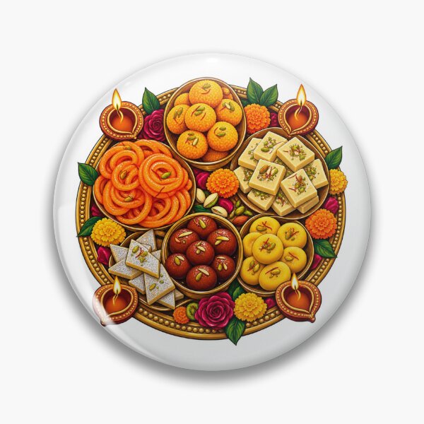 Item preview, Diwali Mithai Platter – Retro Festive Indian Sweets Badge Design designed and sold by Globalcitytees.
