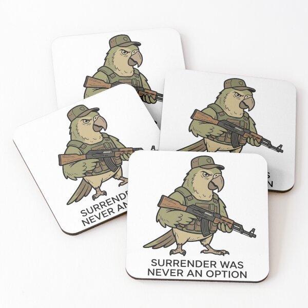Aperçu de l'œuvre Perroquet tactique : la reddition n'a jamais été une option. Humour militaire avec un oiseau et un AK-47. créée et vendue par raedattia.
