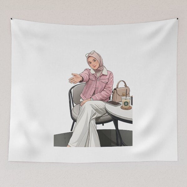 Item preview, Pink Hijab Girl Enjoying Coffee in a Cozy place human art illustration designed and sold by sabartgunpla.
