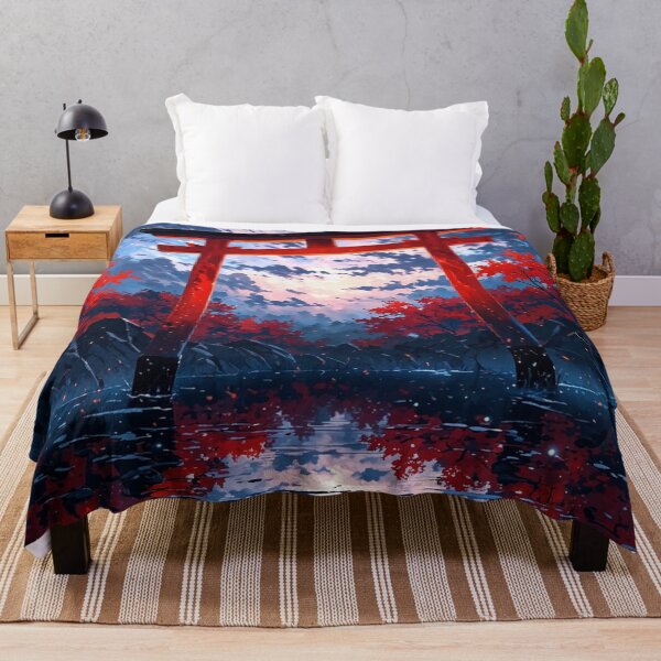 Item preview, Red Japanese Torii Gate Autumn Maple Lake Night Sky Anime Landscape Art designed and sold by LYAN-STORE.